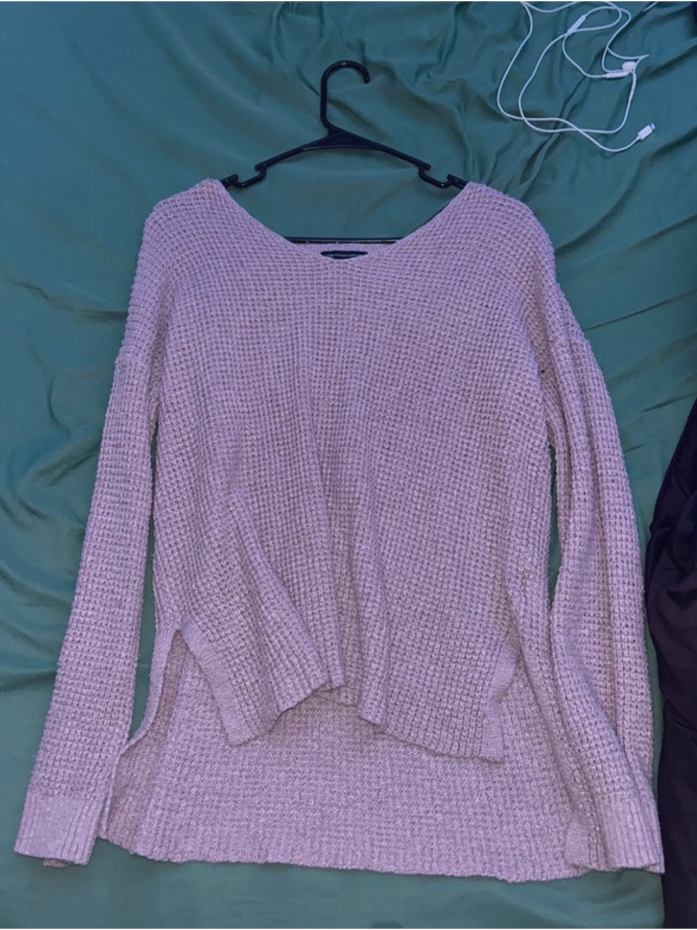American Eagle Outfitters Light Pink Waffle-Knit V-Neck Sweater